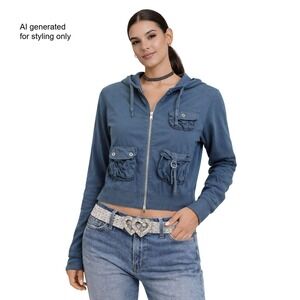 XCVI Teal Blue Cotton Blend‎ Hooded Zip Up Jacket Women's Size M/L